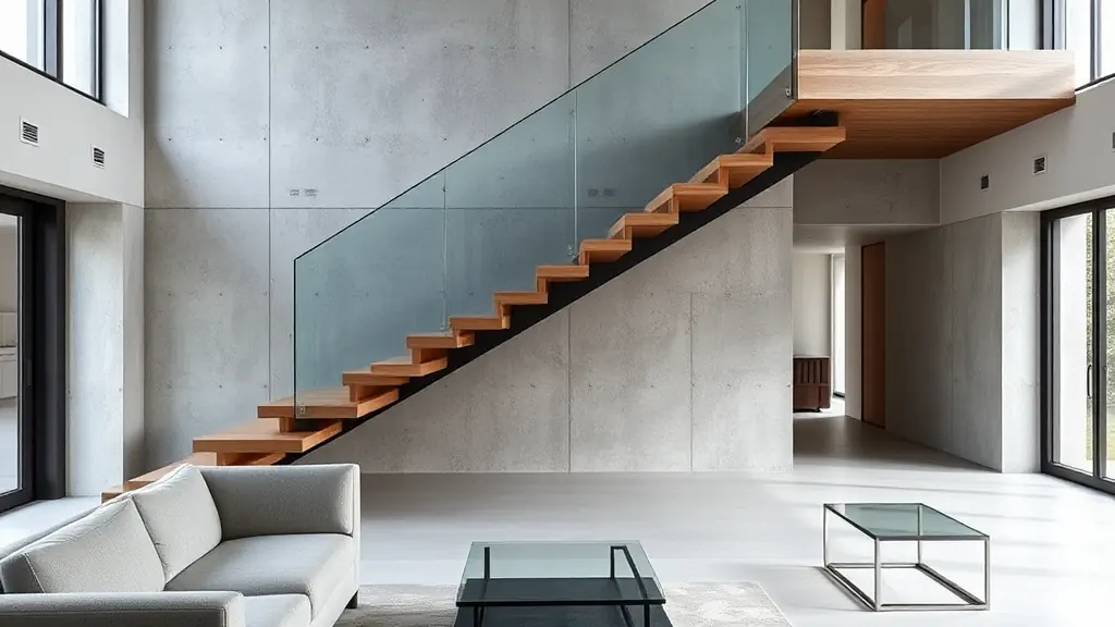 Escalier moderne bois garde corps verre