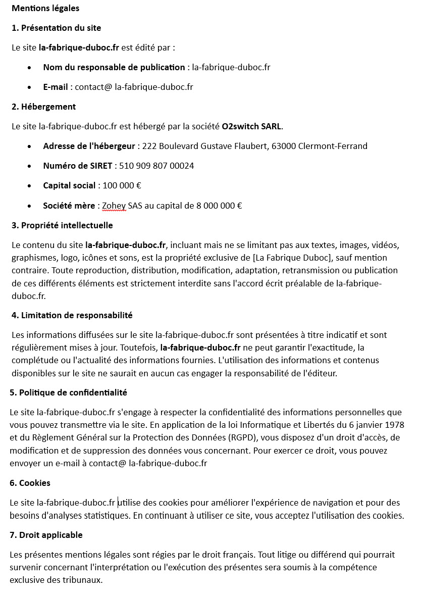 Mentions légales la-fabrique-duboc.fr 
